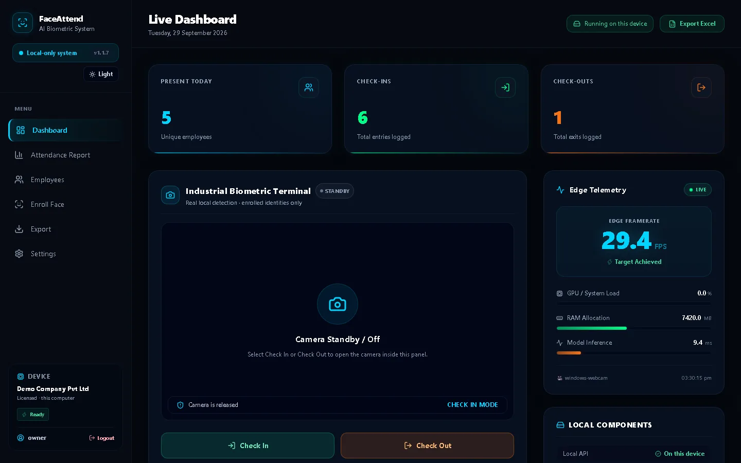 FaceAttend Live dashboard screen